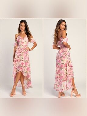 Lulu's Pink Floral Cold-Shoulder High-Low Maxi Dress